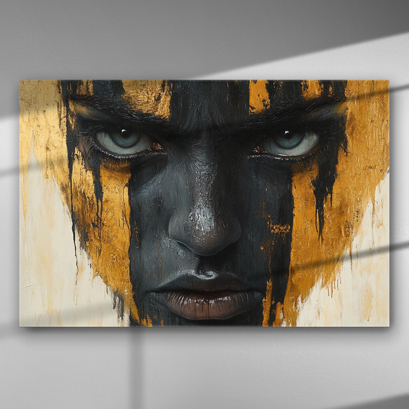 A mysterious face with black and gold paint strokes on canvas, intense gaze.