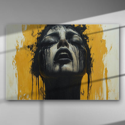 Expressionist portrait with black drips and orange background on canvas