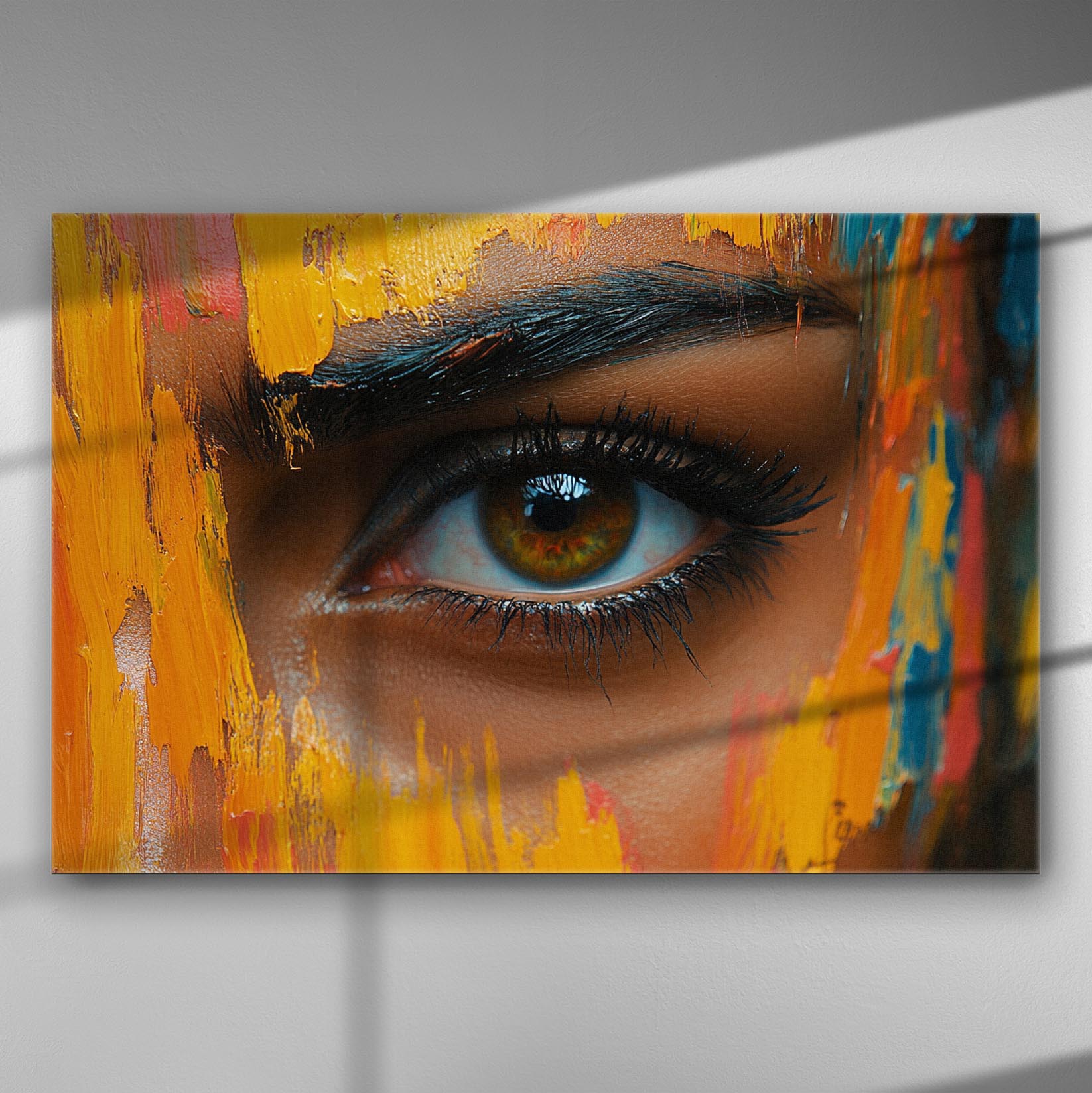 Close-up of an eye surrounded by vibrant strokes of yellow, orange, and other colors on a canvas.