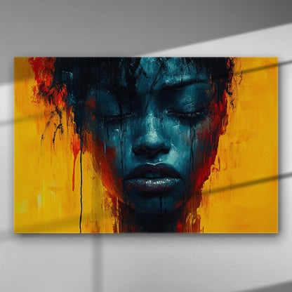 A dramatic canvas print of a face painted in blue and red against a vibrant yellow background.