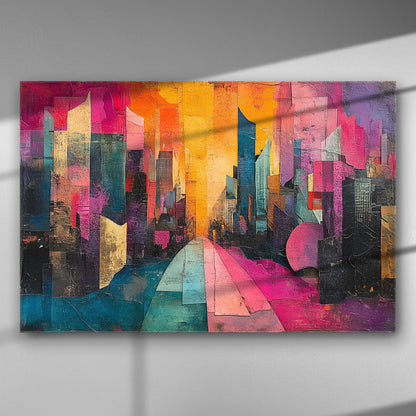 A vibrant abstract cityscape with bright pink, orange, and blue tones on canvas.