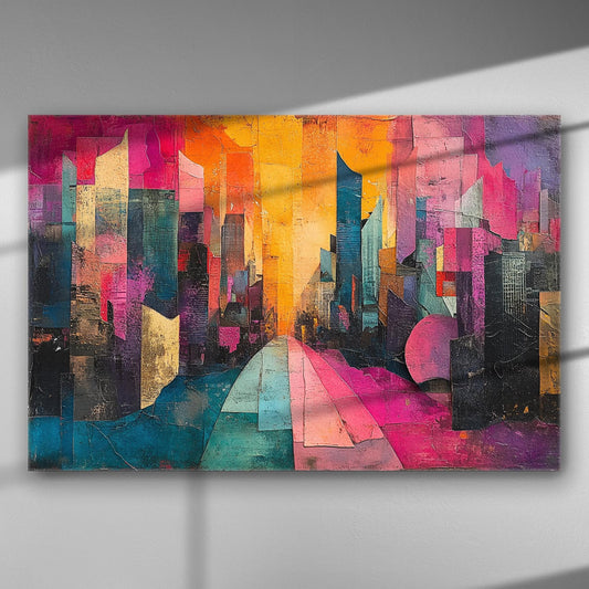 A vibrant abstract cityscape with bright pink, orange, and blue tones on canvas.