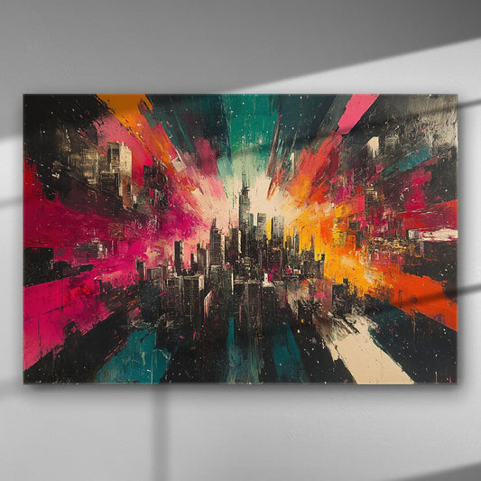 Colorful urban explosion canvas print with dynamic cityscape and vibrant colors.