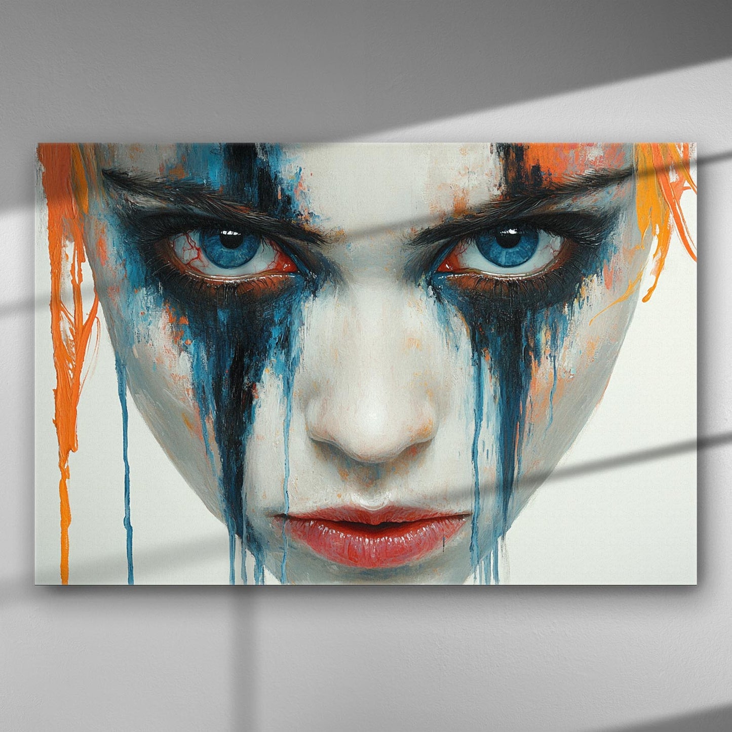 A face with intense blue eyes and abstract paint dripping in vibrant colors on canvas.