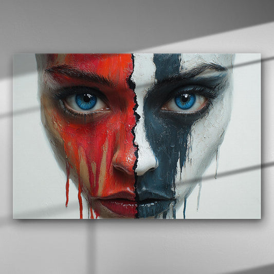 Portrait of a face divided in red and black and white colors on canvas.