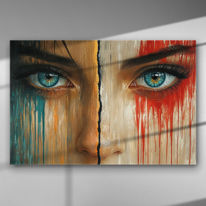 Abstract painting of a face with blue eyes, split by different colors on canvas