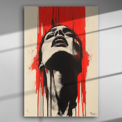 Abstract painting of a face with a red background on canvas.