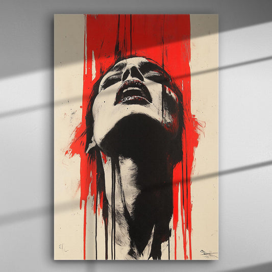 Abstract painting of a face with a red background on canvas.