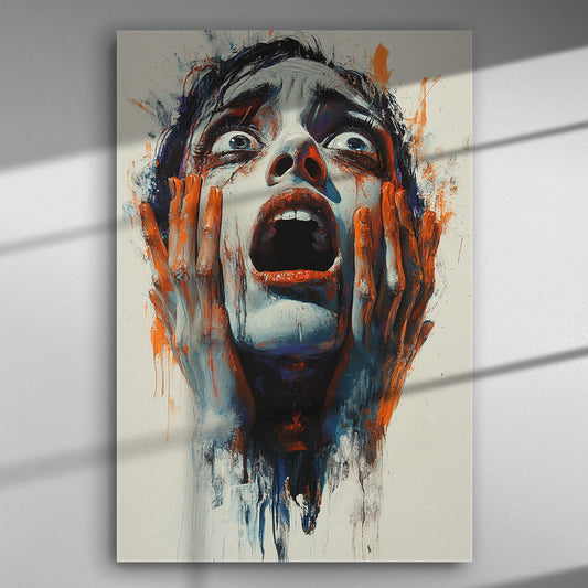 Dramatic expression of a face in abstract colors on canvas, showing intense emotions.