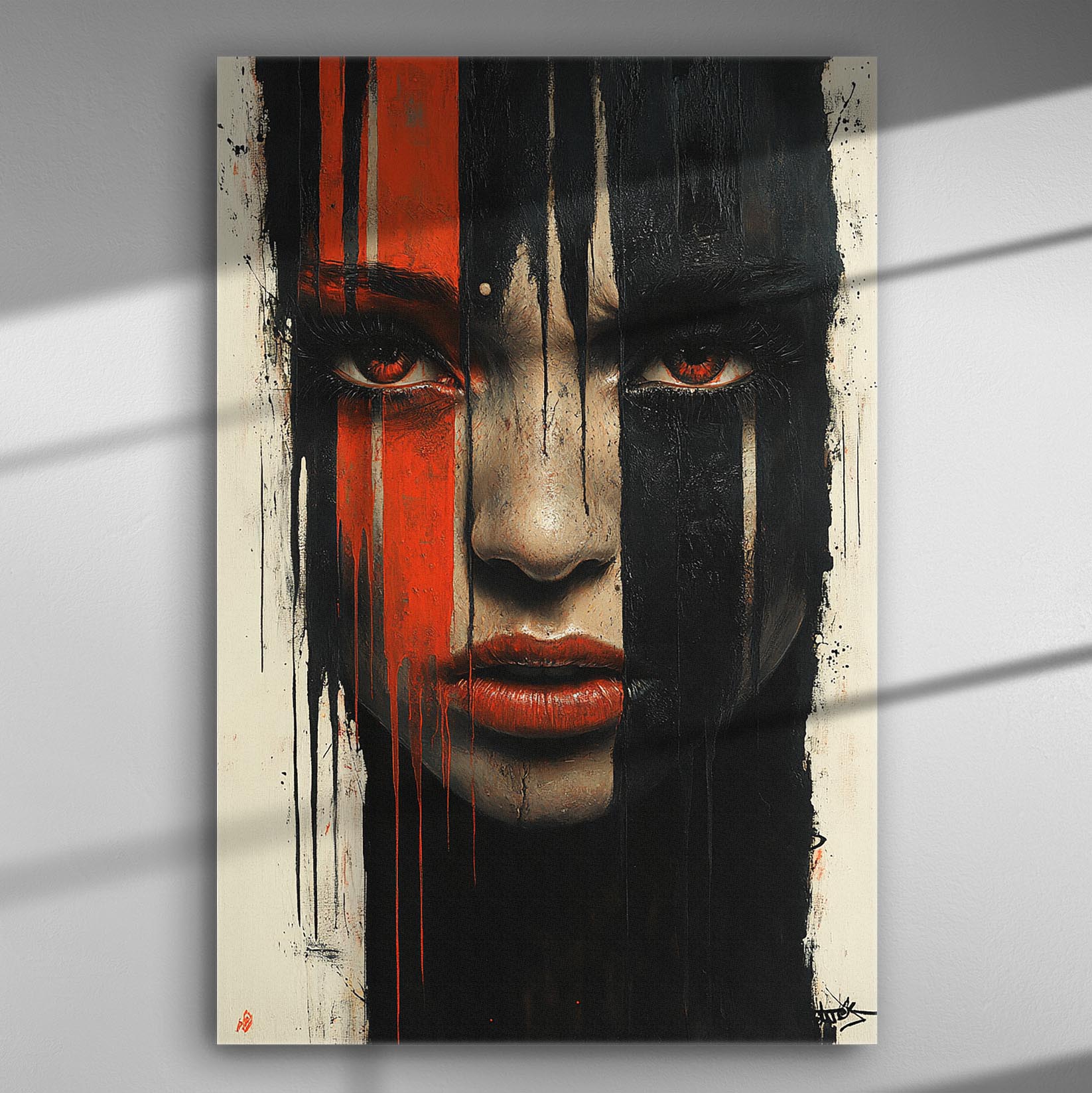 Abstract portrait with red and black vertical stripes on a face, intense gaze