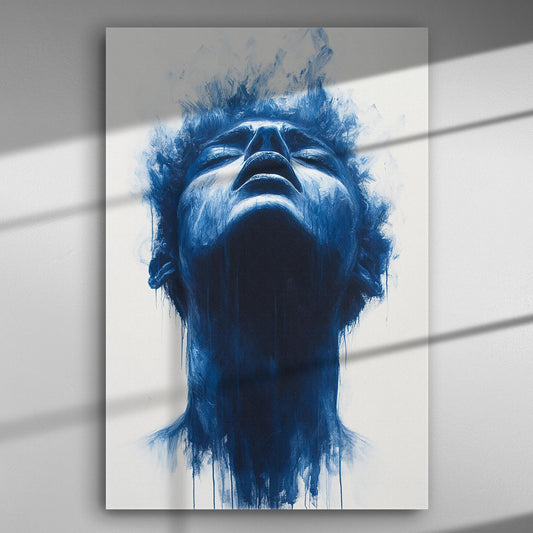 Artistic canvas showing an expressive blue-painted face looking upwards with a misty effect.