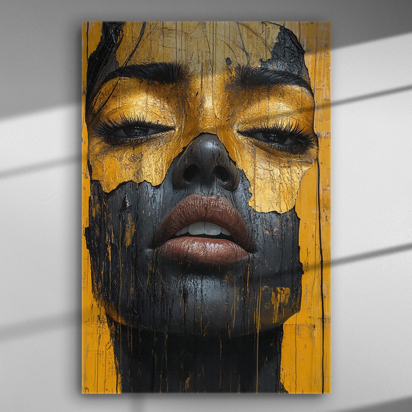 Portrait of a face with golden and black paint contrast on canvas, modern art.
