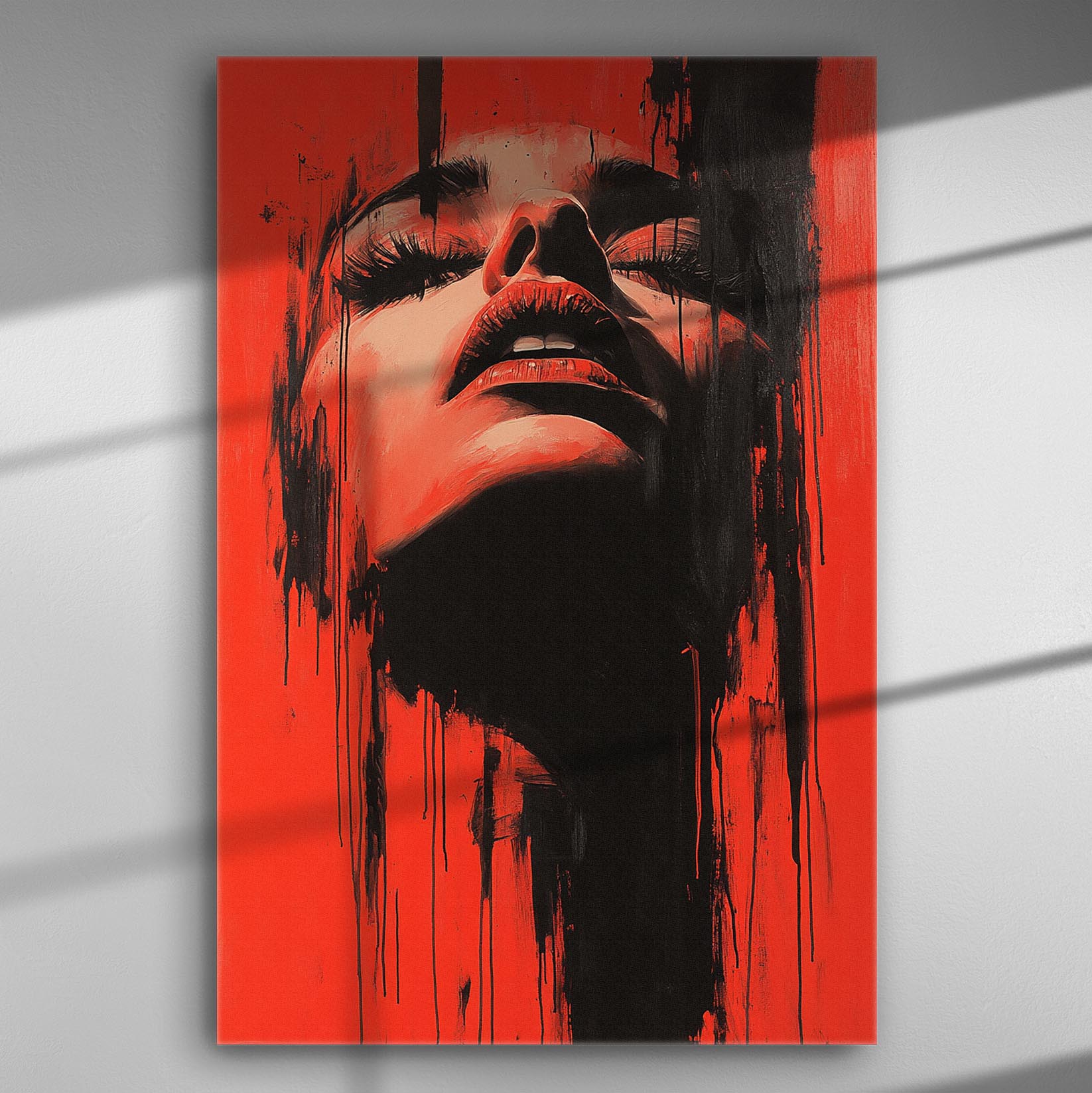 Dramatic portrait of a face in red and black hues on canvas.