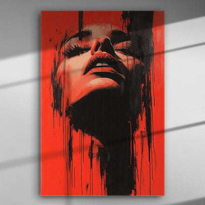 Dramatic portrait of a face in red and black hues on canvas.