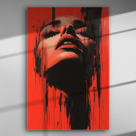 Dramatic portrait of a face in red and black hues on canvas.