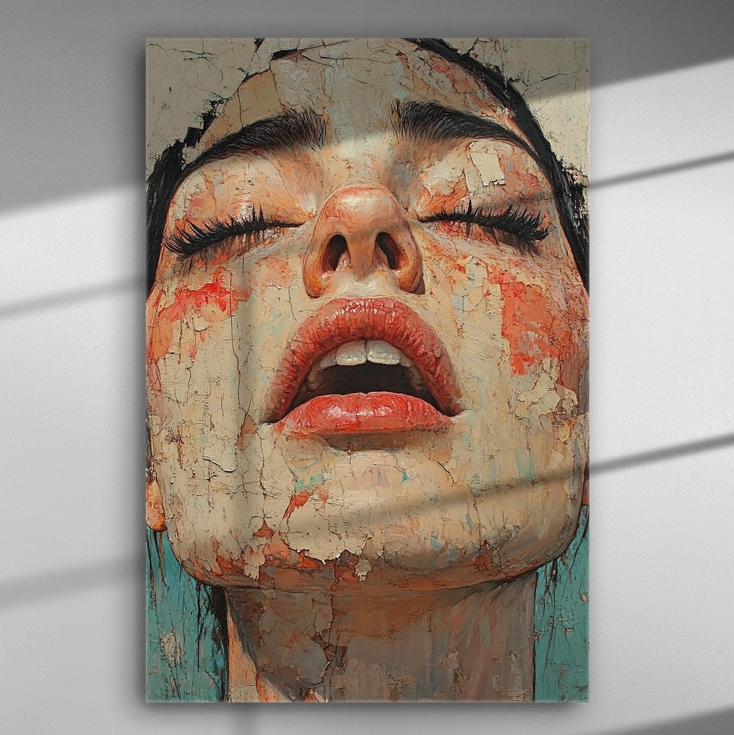 Artistic canvas featuring a close-up of a woman's face with cracked texture and deep emotions.