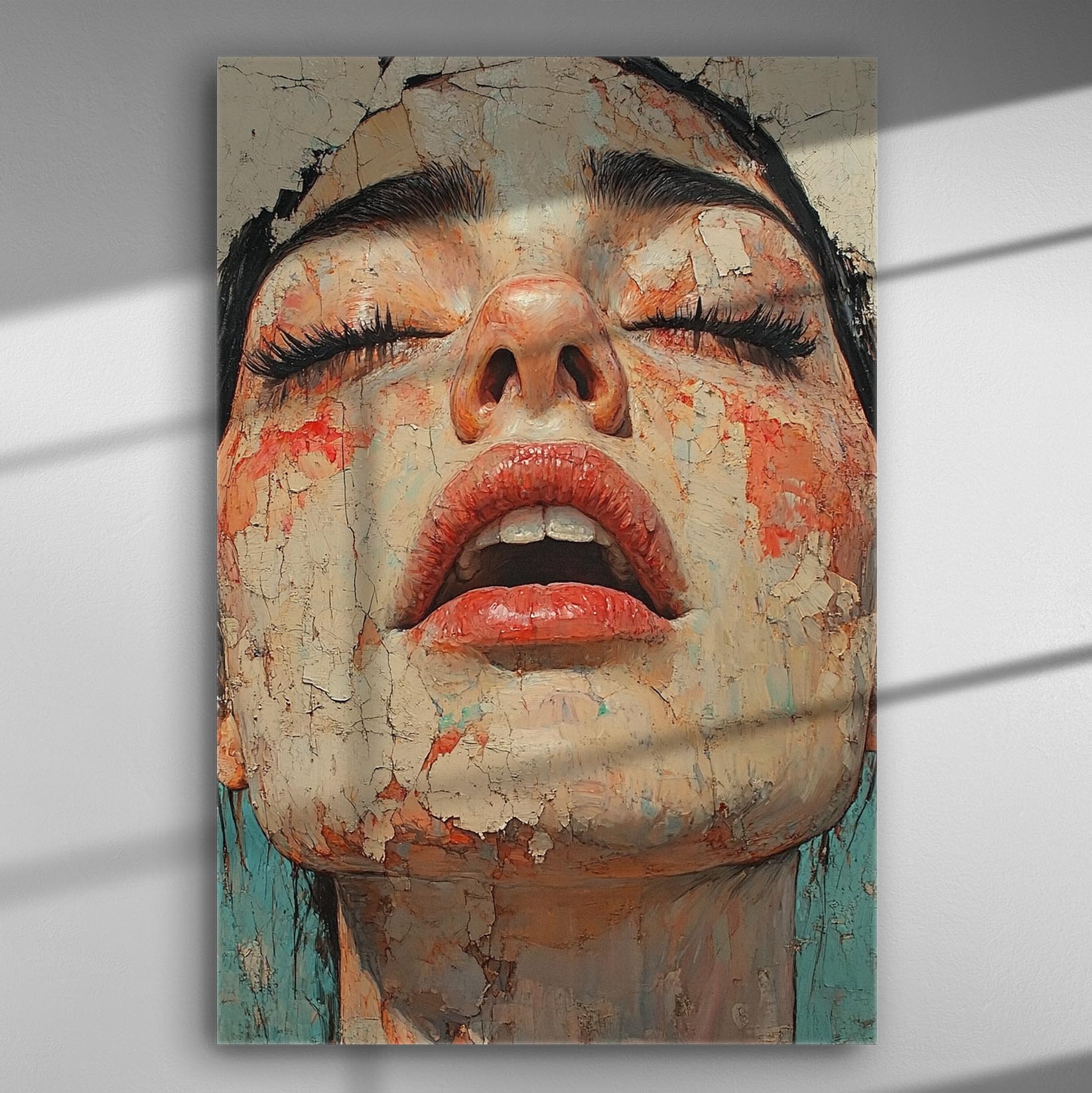 Artistic canvas featuring a close-up of a woman's face with cracked texture and deep emotions.