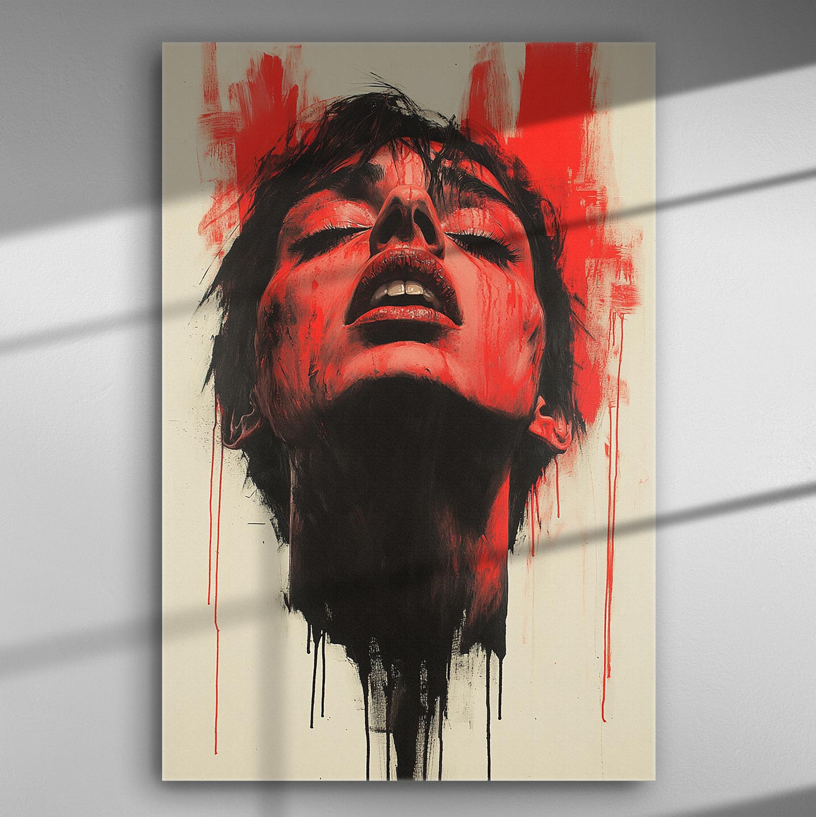 Canvas print of a dramatic expression portrait with red and black brush strokes.
