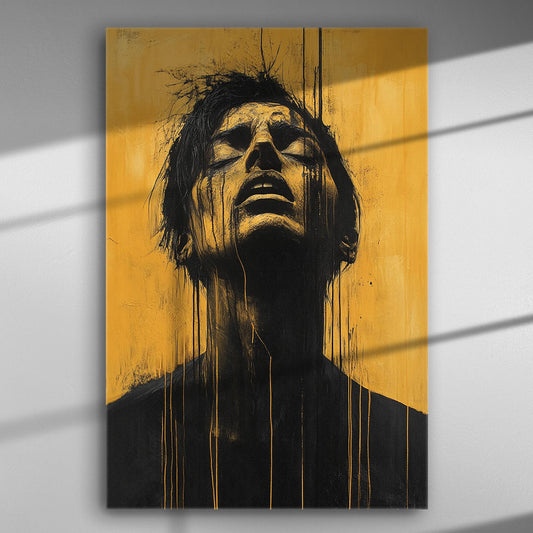 Expressive portrait with a yellow background on canvas, blending deep black and vibrant yellow colors.