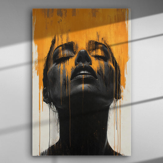 Canvas print of a woman's face with black and orange paint dripping down, depicting emotional intensity.