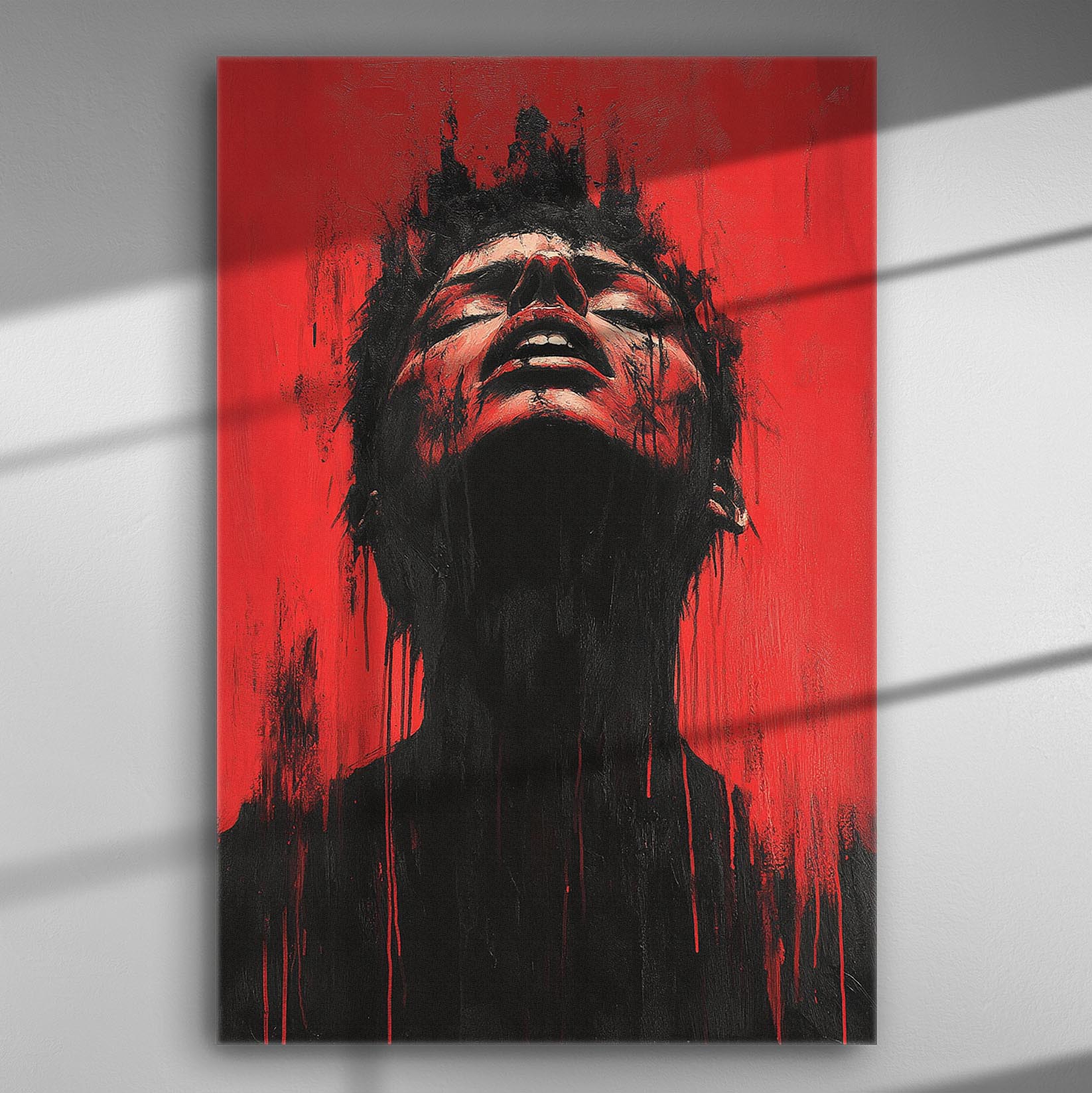A dramatic canvas print depicting a person in ecstasy against a vivid red background, creating an intense visual impact.