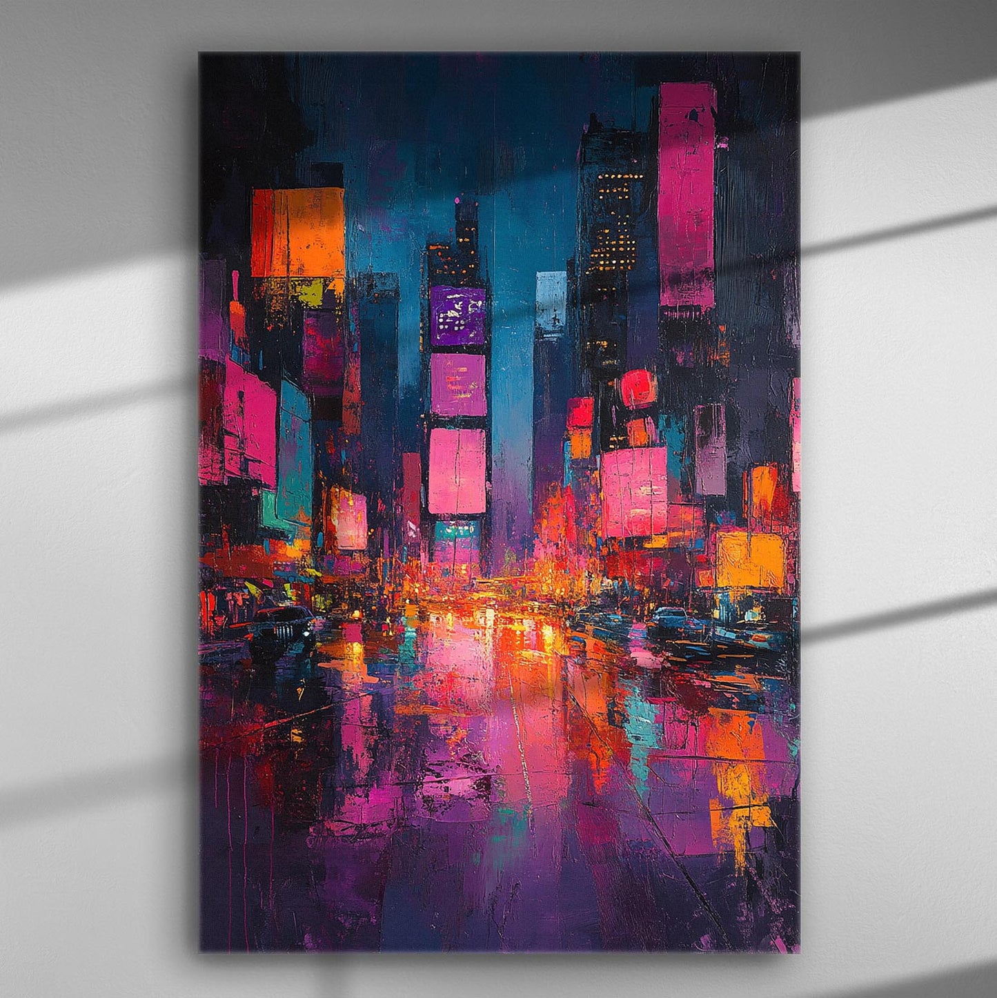 Vibrant city night scene with colorful lights on a canvas print.