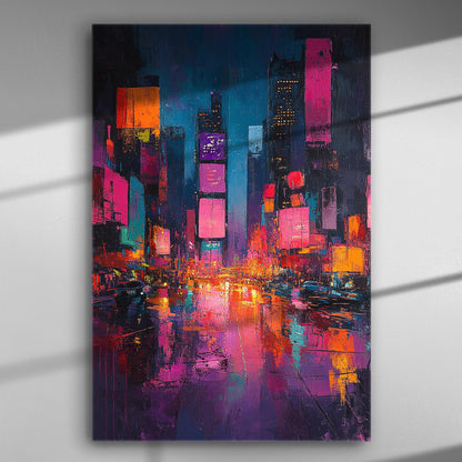 Vibrant city night scene with colorful lights on a canvas print.