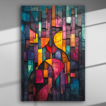 Colorful abstract geometric pattern with vivid colors on canvas