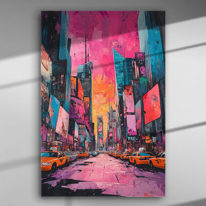Colorful and vibrant cityscape with bright lights and yellow taxis in the street