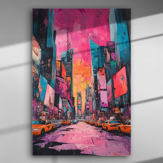 Colorful and vibrant cityscape with bright lights and yellow taxis in the street