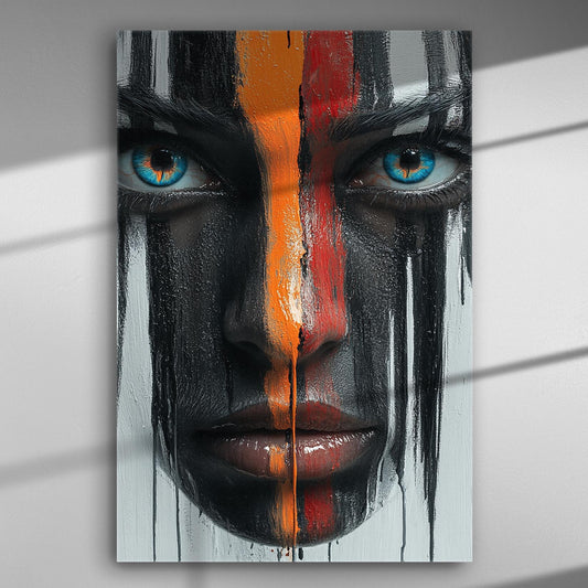 Vibrant abstract face painting with bold colors and expressive eyes on canvas.