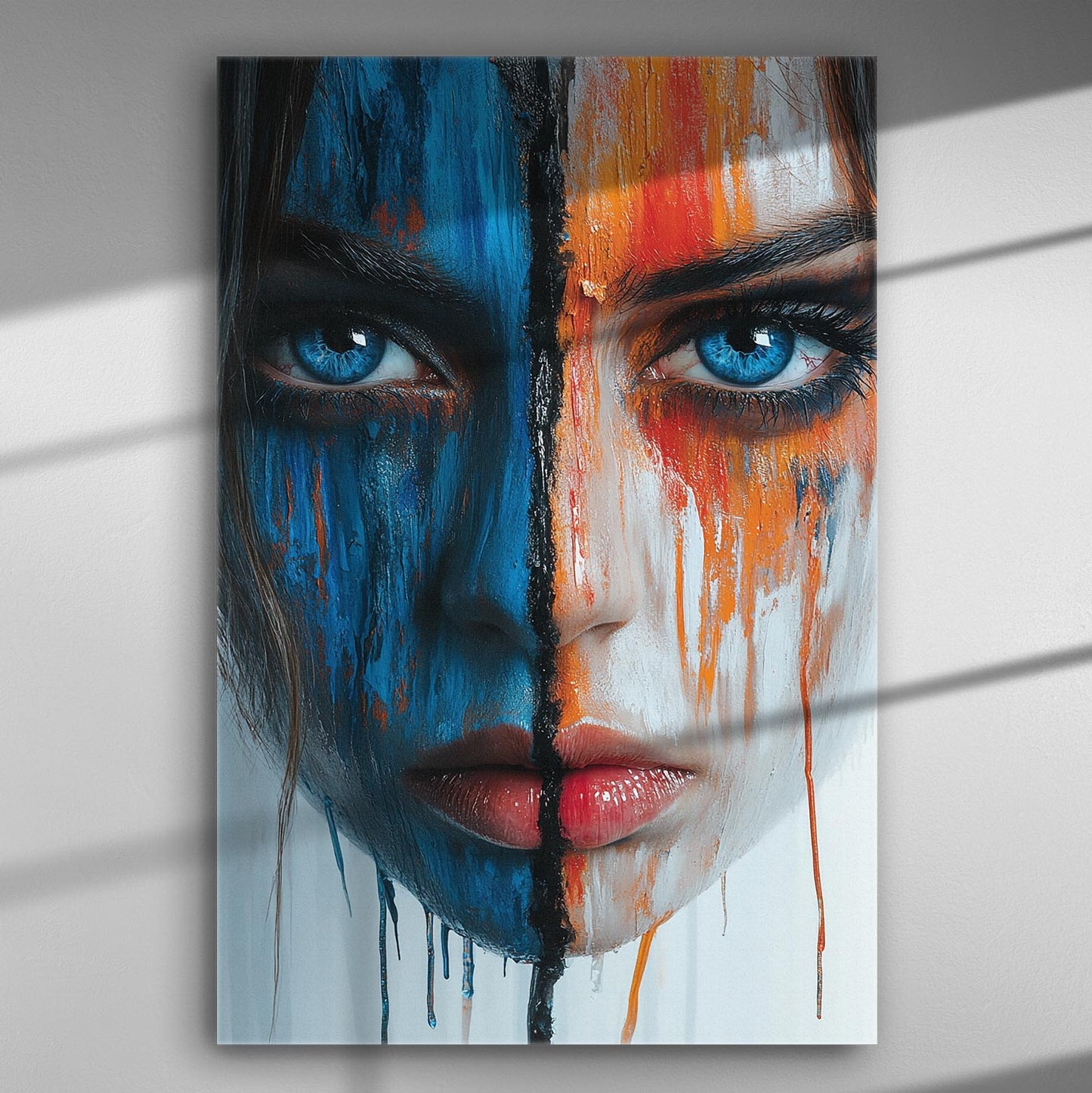 Dual-colored face with blue and orange paint, creating an expressive and artistic look.