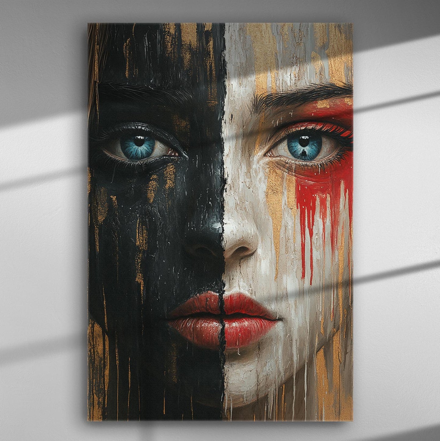 A striking canvas print of a face split into dramatic black and red contrasting halves.