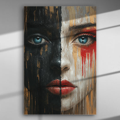 A striking canvas print of a face split into dramatic black and red contrasting halves.