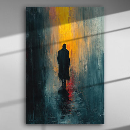 Canvas print of a silhouette walking towards a warm sunset with blurred colors
