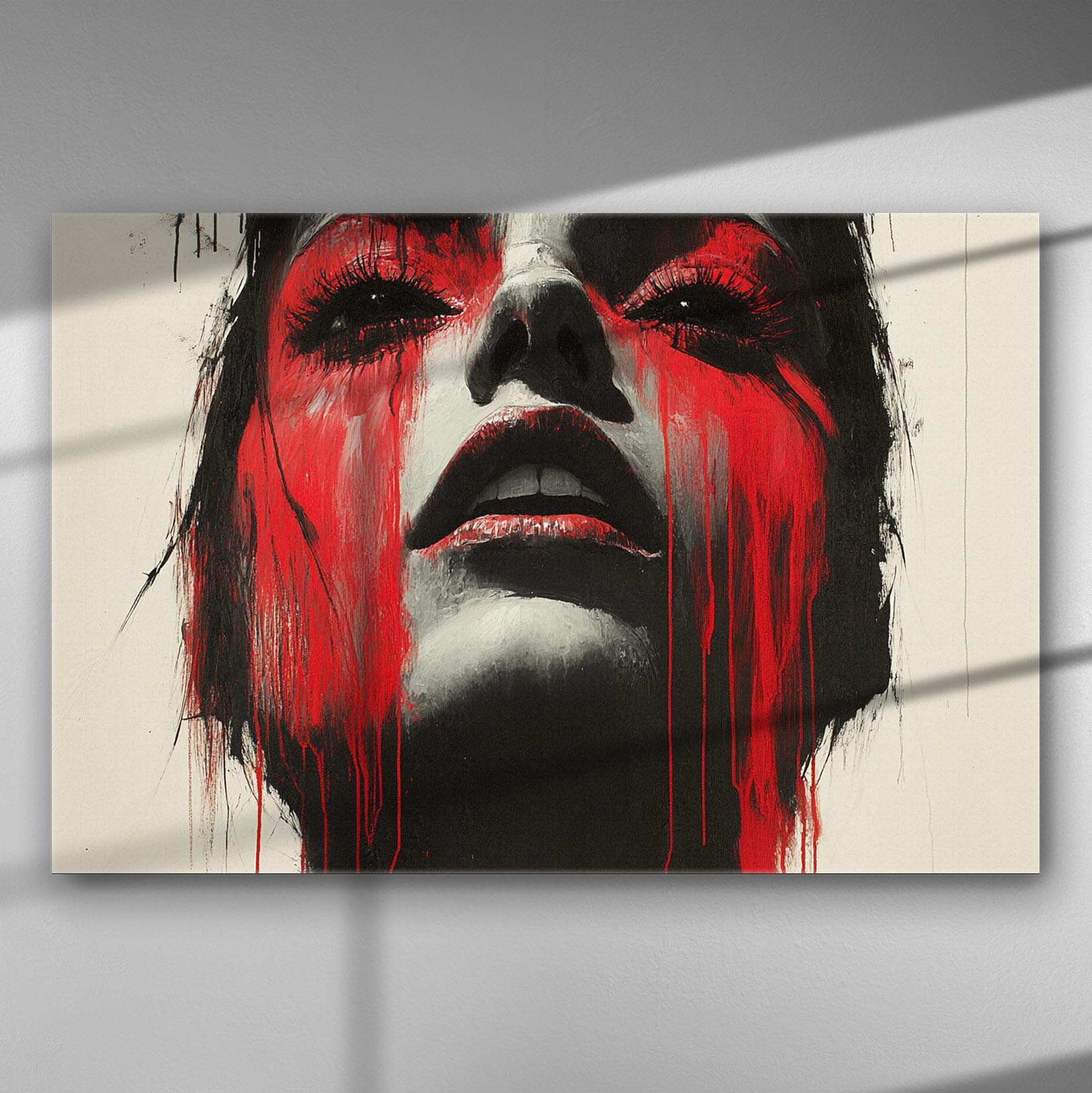 A dramatic, abstract portrayal of a woman's face with red paint drips against a monochrome background.