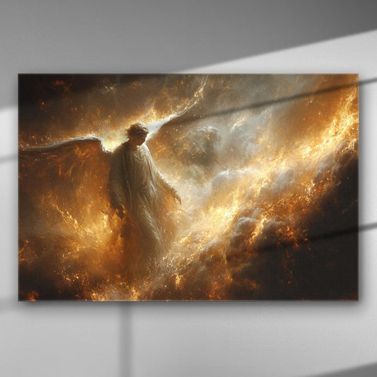A majestic angel amidst clouds of light on a canvas print.