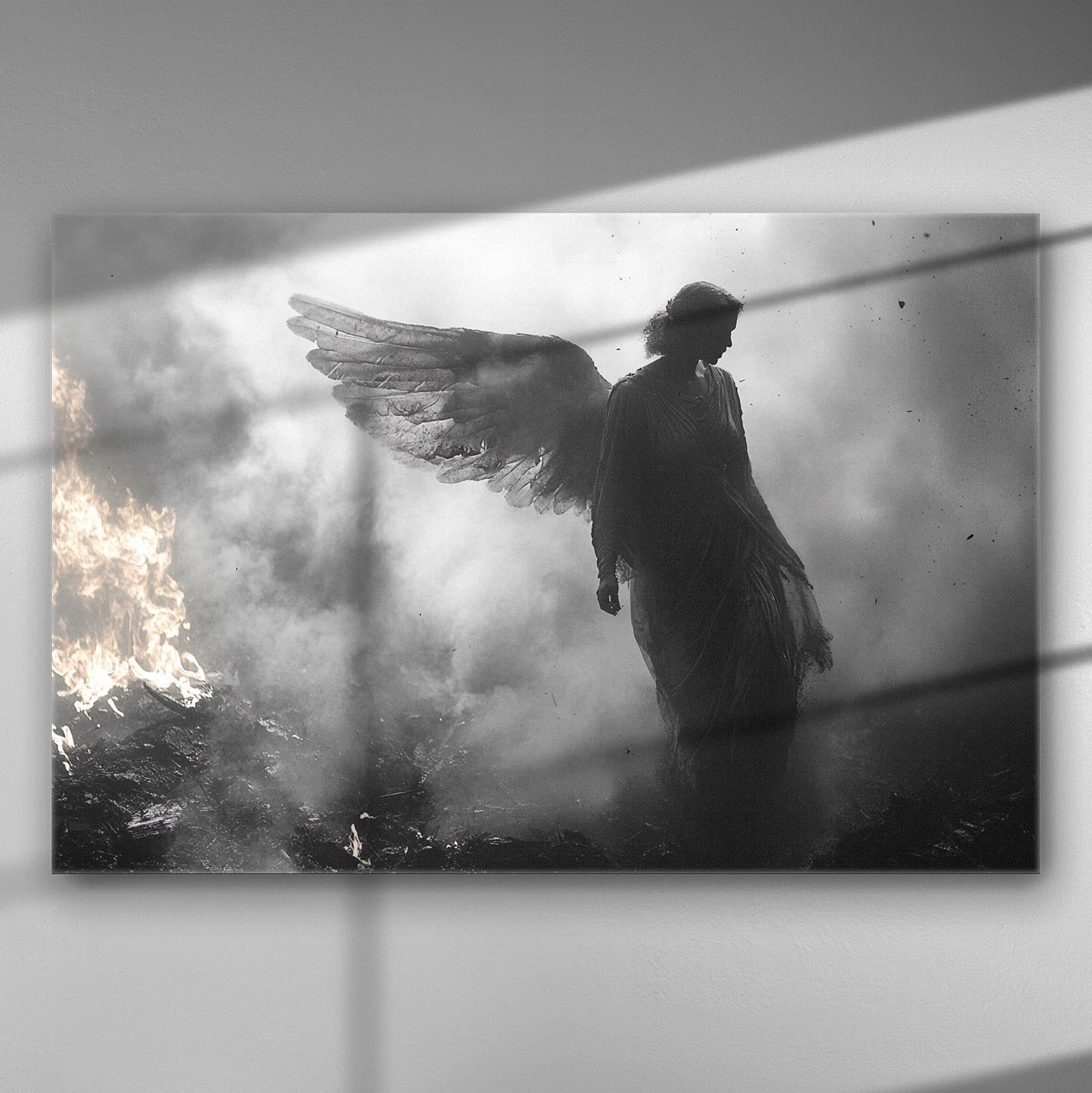 Black and white image of a mystical angel figure surrounded by smoke and fire on canvas.