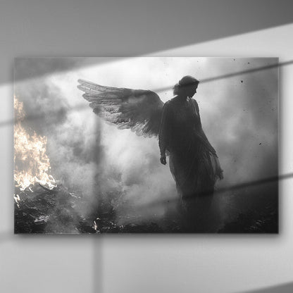 Black and white image of a mystical angel figure surrounded by smoke and fire on canvas.