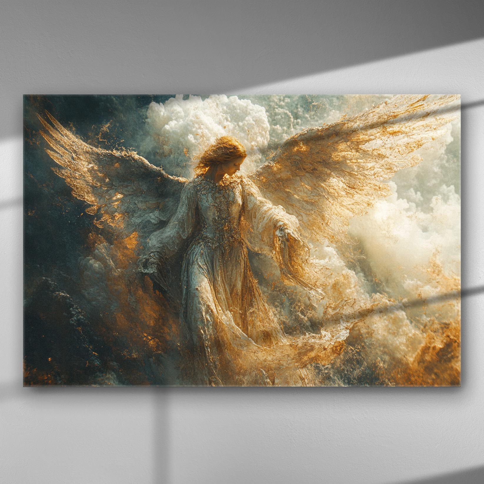 Canvas print of an angel bathed in golden light with detailed artwork and celestial background.
