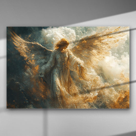 Canvas print of an angel bathed in golden light with detailed artwork and celestial background.