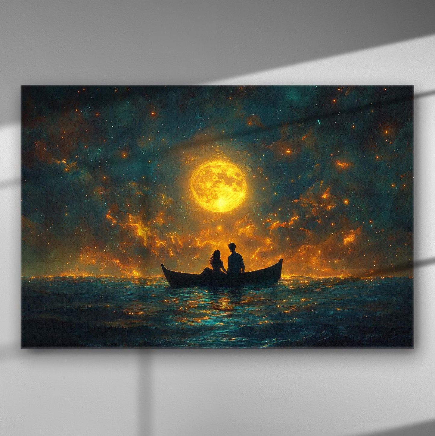 Couple in a boat under a bright moon and starry sky, romantic and dreamy atmosphere.