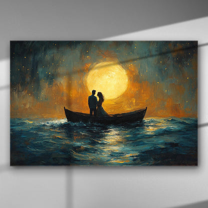 Romantic painting of a couple in a boat under a full moon on the sea, in blue and orange hues.