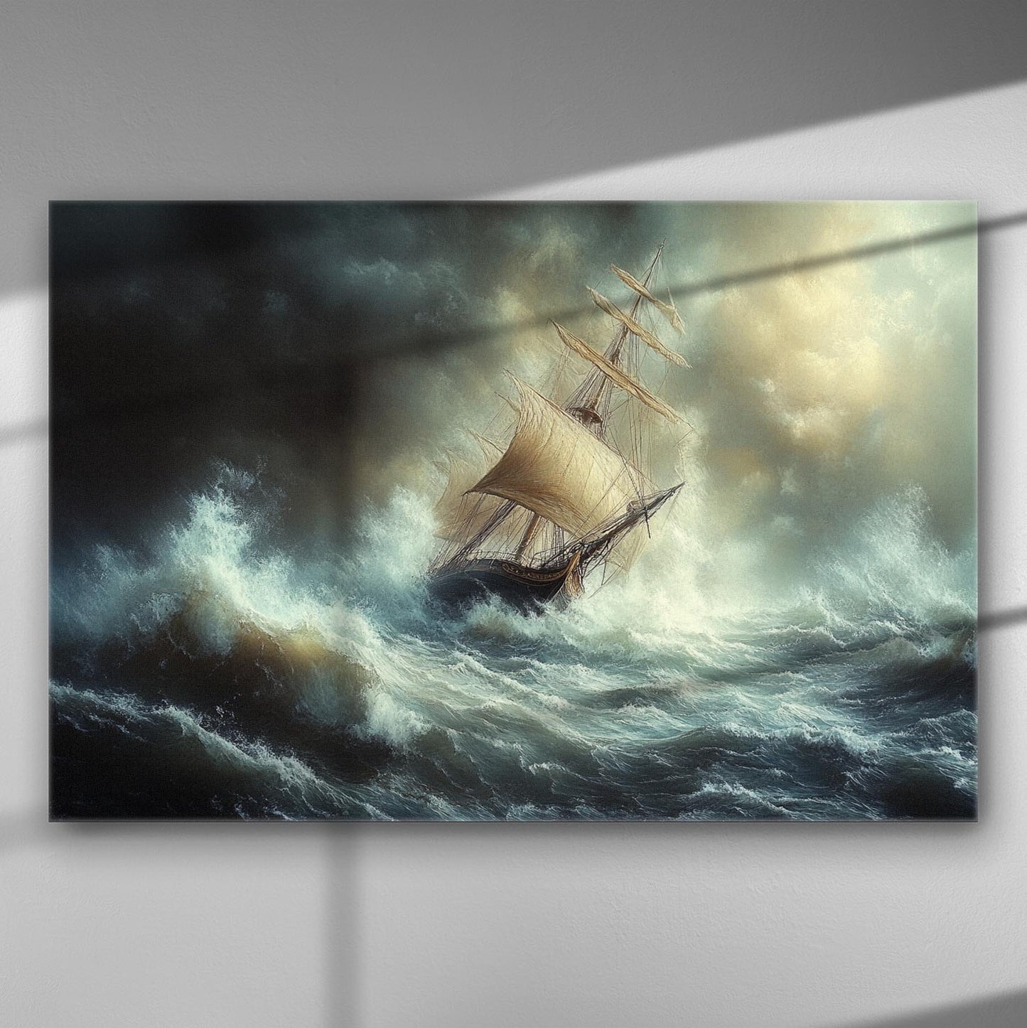 A dramatic painting of a ship battling waves in a stormy sea.