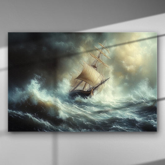 A dramatic painting of a ship battling waves in a stormy sea.
