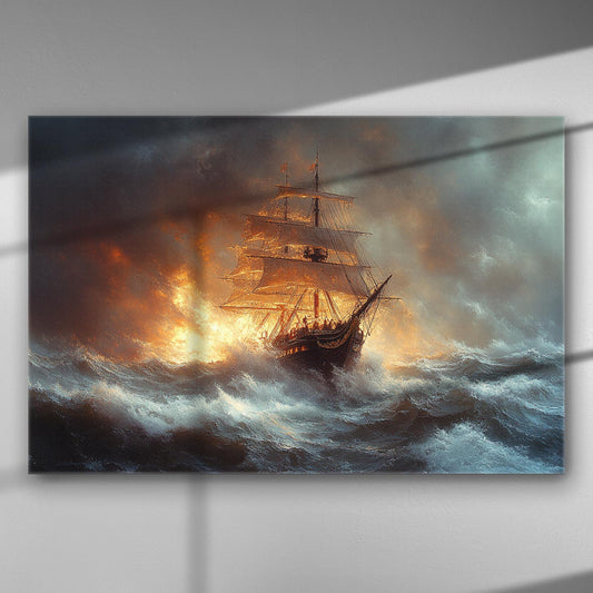 Ship navigating a stormy sea with dramatic skies and waves.