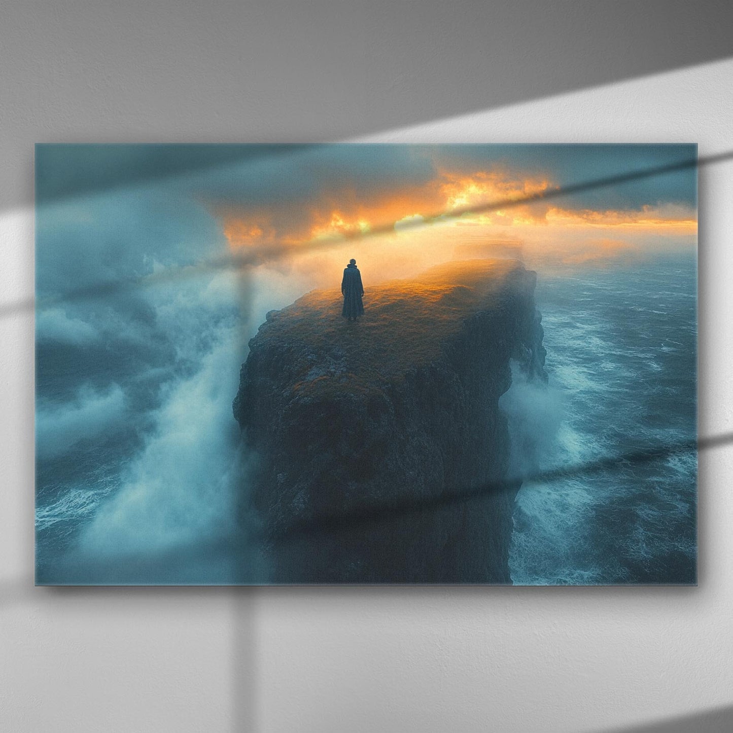 A figure stands on the edge of a cliff with a dramatic sunset and ocean waves in the background.