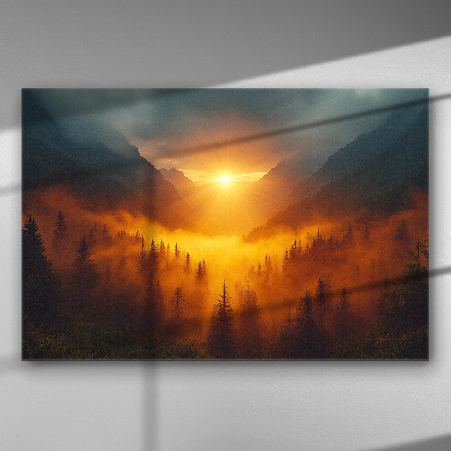 Forest sunrise with mist and warm sunlight rays on a canvas print.