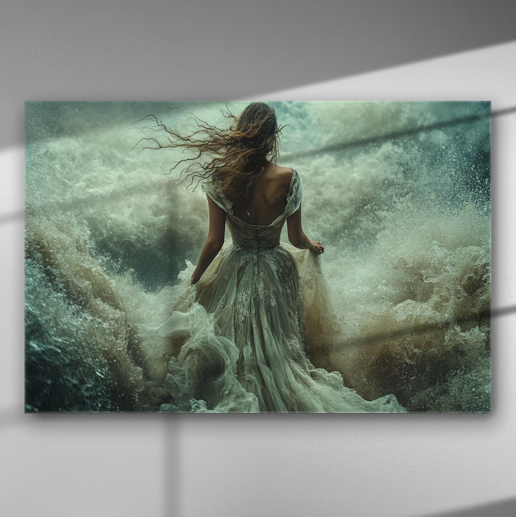 A woman in a flowing dress walking into crashing waves, evoking a sense of mystery and nature.