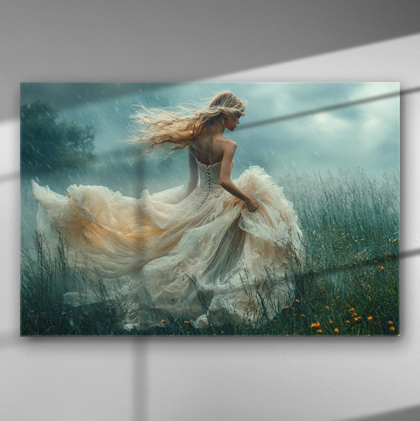 A woman in a flowing dress dances in a green meadow under the rain, evoking freedom and grace.